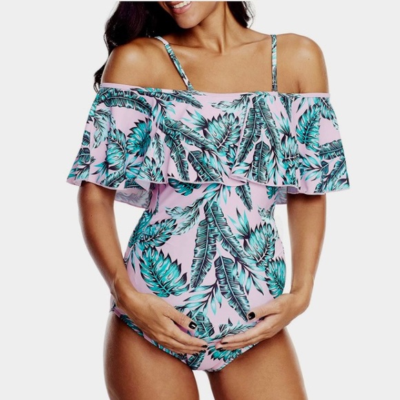 🎉 2X HOST PICK | New Tropical Leaf Flounce Off The Shoulder Maternity Swimsuit - Picture 2 of 11